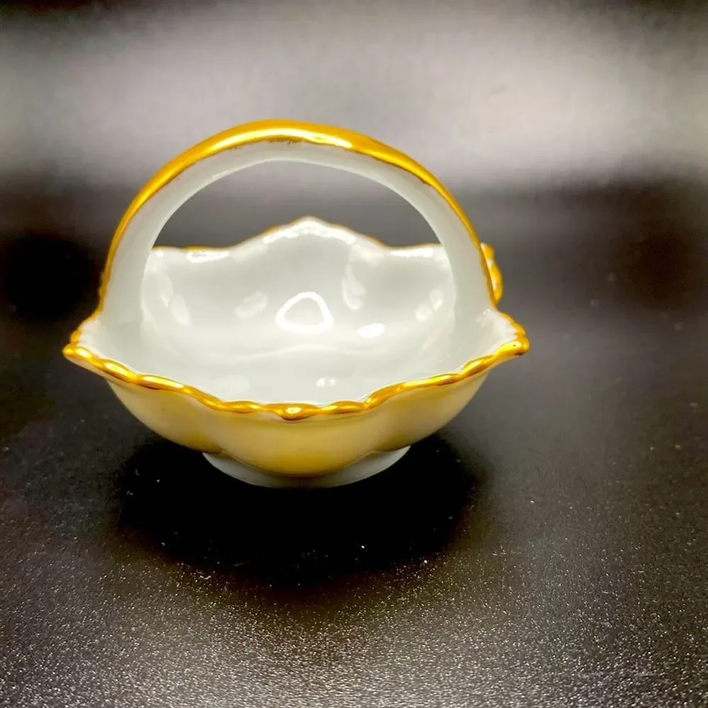 Adorable Vintage 50s Mini White with Gold Trim Porcelain Basket Ring Holder Mini